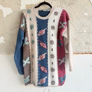 Vtg Sweater Whipstitch Leaves‎ Colorblock Embroidered Knit Womens XL Cottagecore